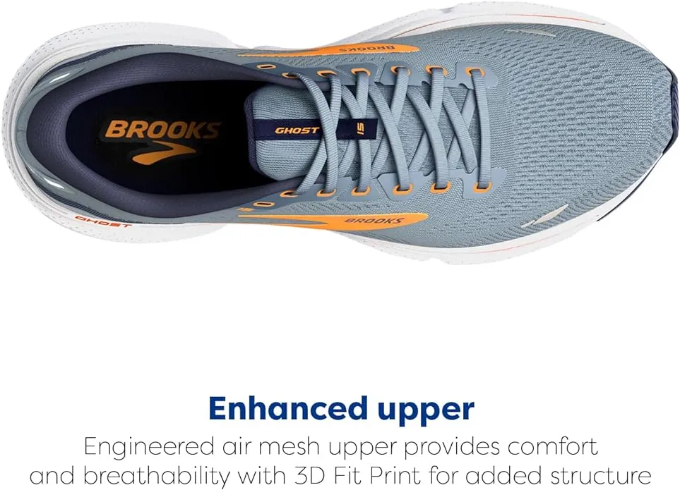 1103931D417 BROOKS MEN GHOST 15 SHOE - FLINTSTONE/PEACOAT/ORANGE POP - SIZE 12 - Like New