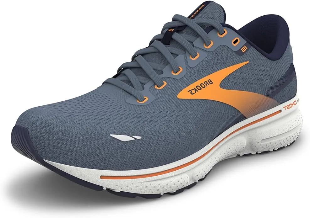 1103931D417 BROOKS MEN GHOST 15 SHOE - FLINTSTONE/PEACOAT/ORANGE POP - SIZE 9.5 - Like New
