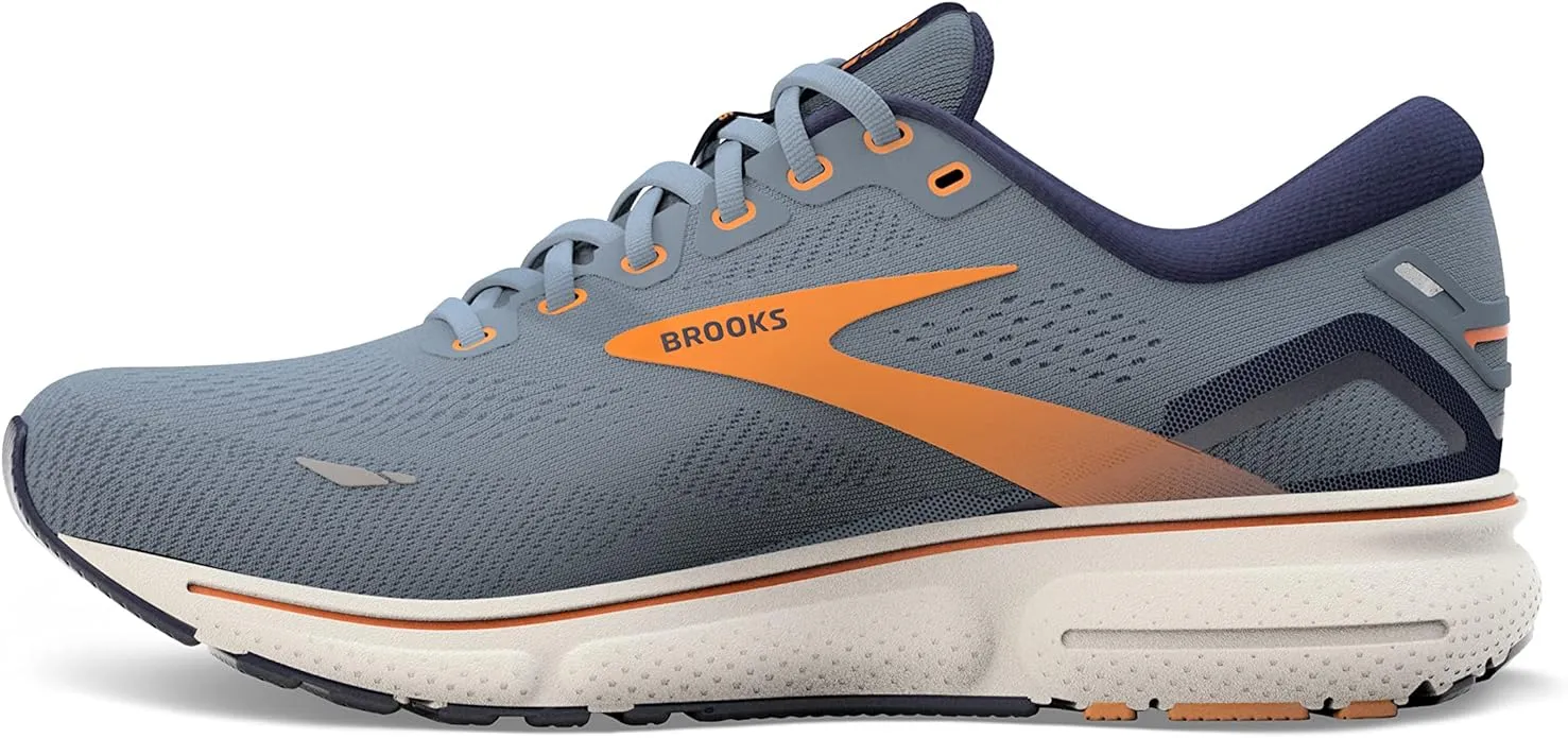 1103931D417 BROOKS MEN GHOST 15 SHOE - FLINTSTONE/PEACOAT/ORANGE POP - SIZE 9.5 - Like New