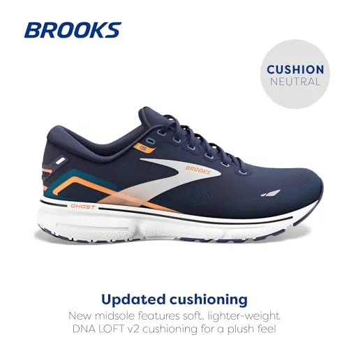 1103931D439 BROOKS MEN GHOST 15 RUNNING SHOE, PEACOAT/BLUE/ORANGE POP, SIZE 12 - Like New