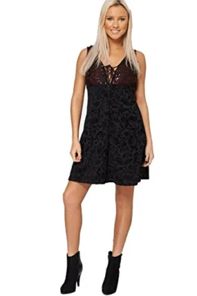 Black & Burgundy Plunge Lace & Sequin Sleeveless Dress