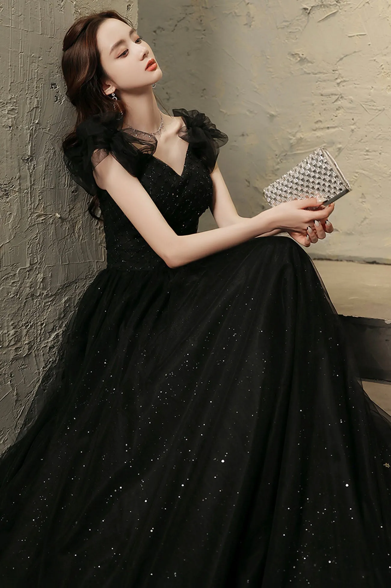 Black Tulle Long Prom Dress with Beaded, Black Evening Graduation Dress