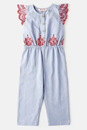 Blue & Red Embroidered Jumpsuit