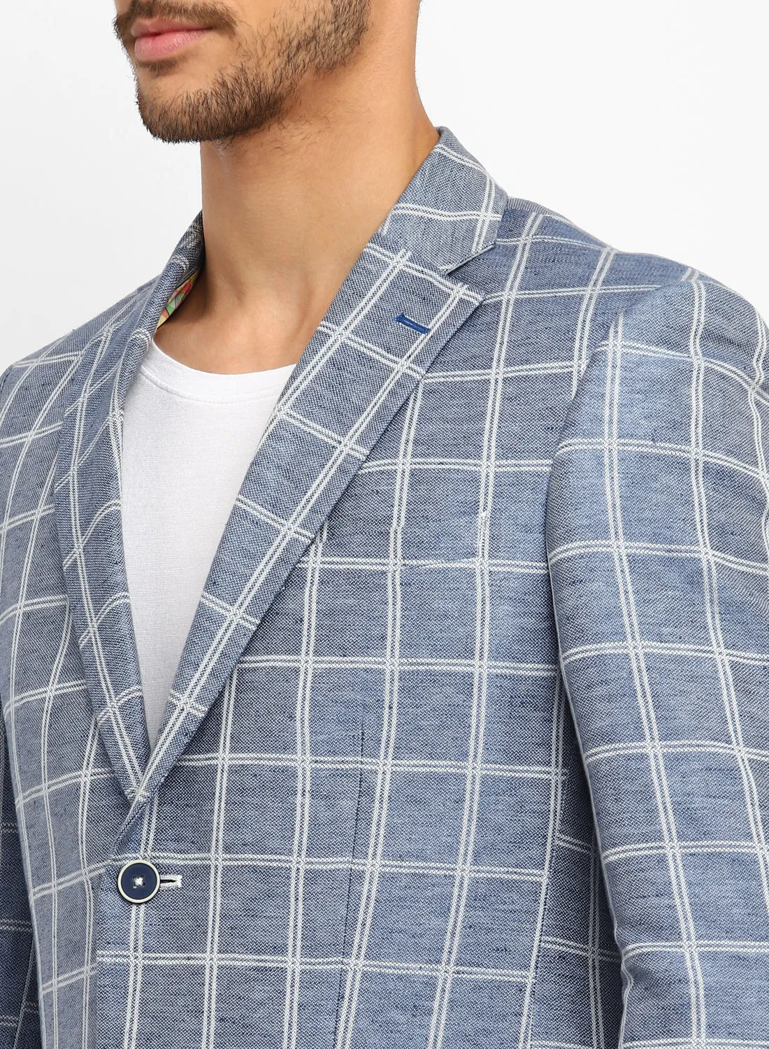 Blue Linen Check Notch Collar Jacket