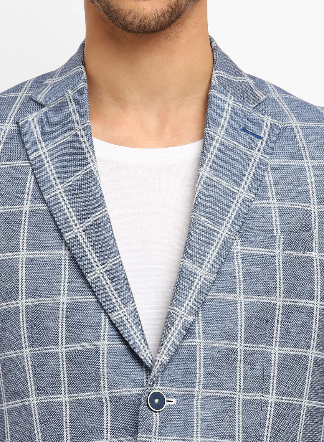 Blue Linen Check Notch Collar Jacket