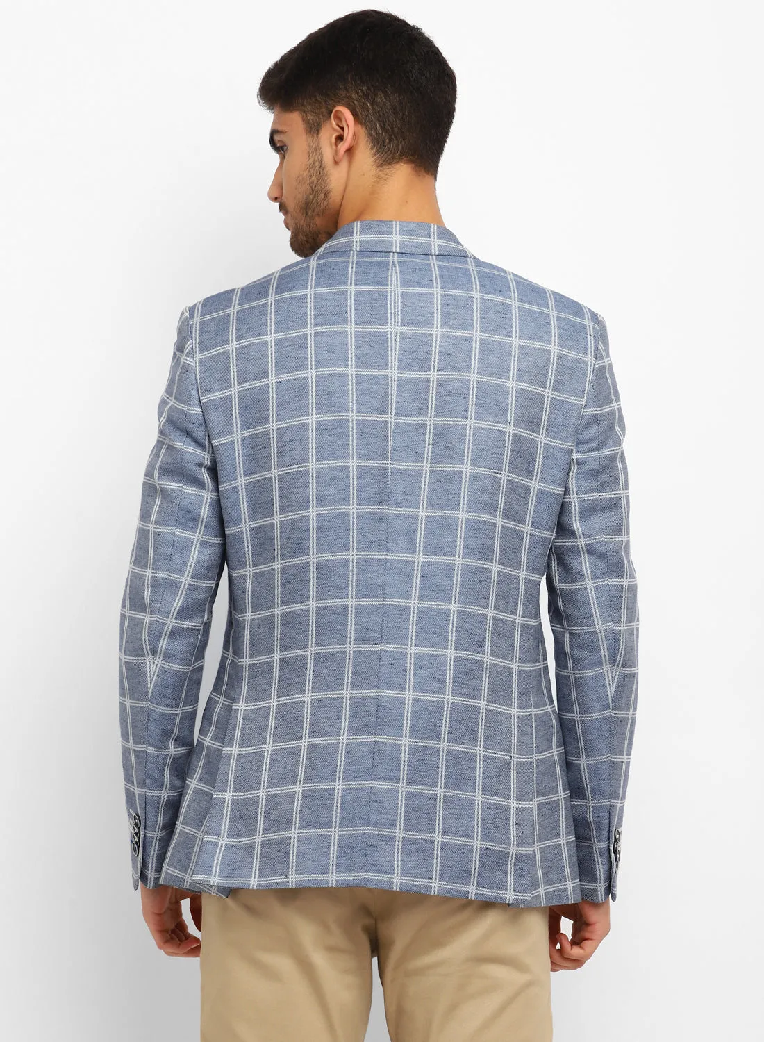 Blue Linen Check Notch Collar Jacket