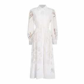 Collared Long Sleeve Hollow Out Lace Midi Dress With Belt