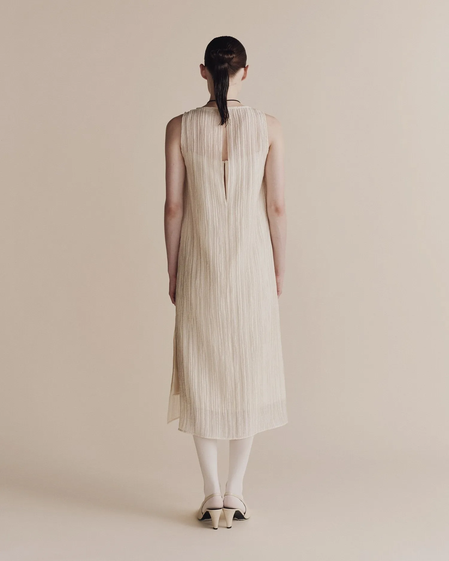 Cream Pleated Midi Dress