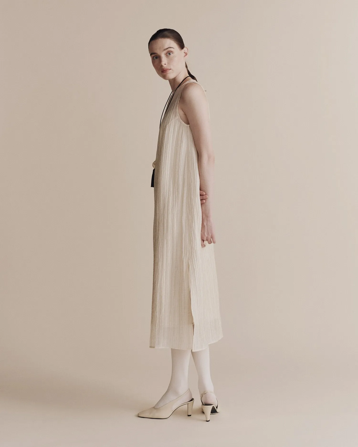 Cream Pleated Midi Dress