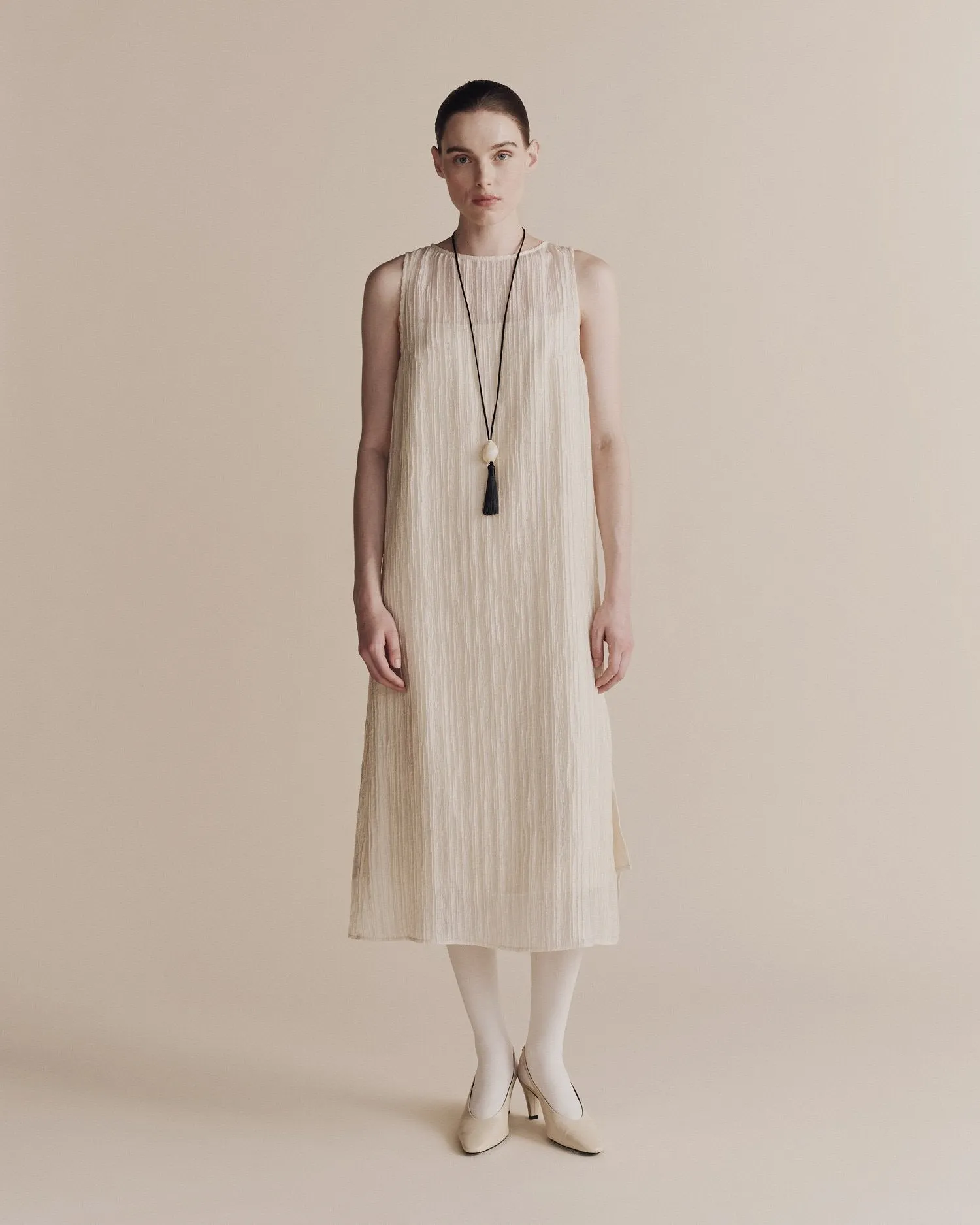 Cream Pleated Midi Dress