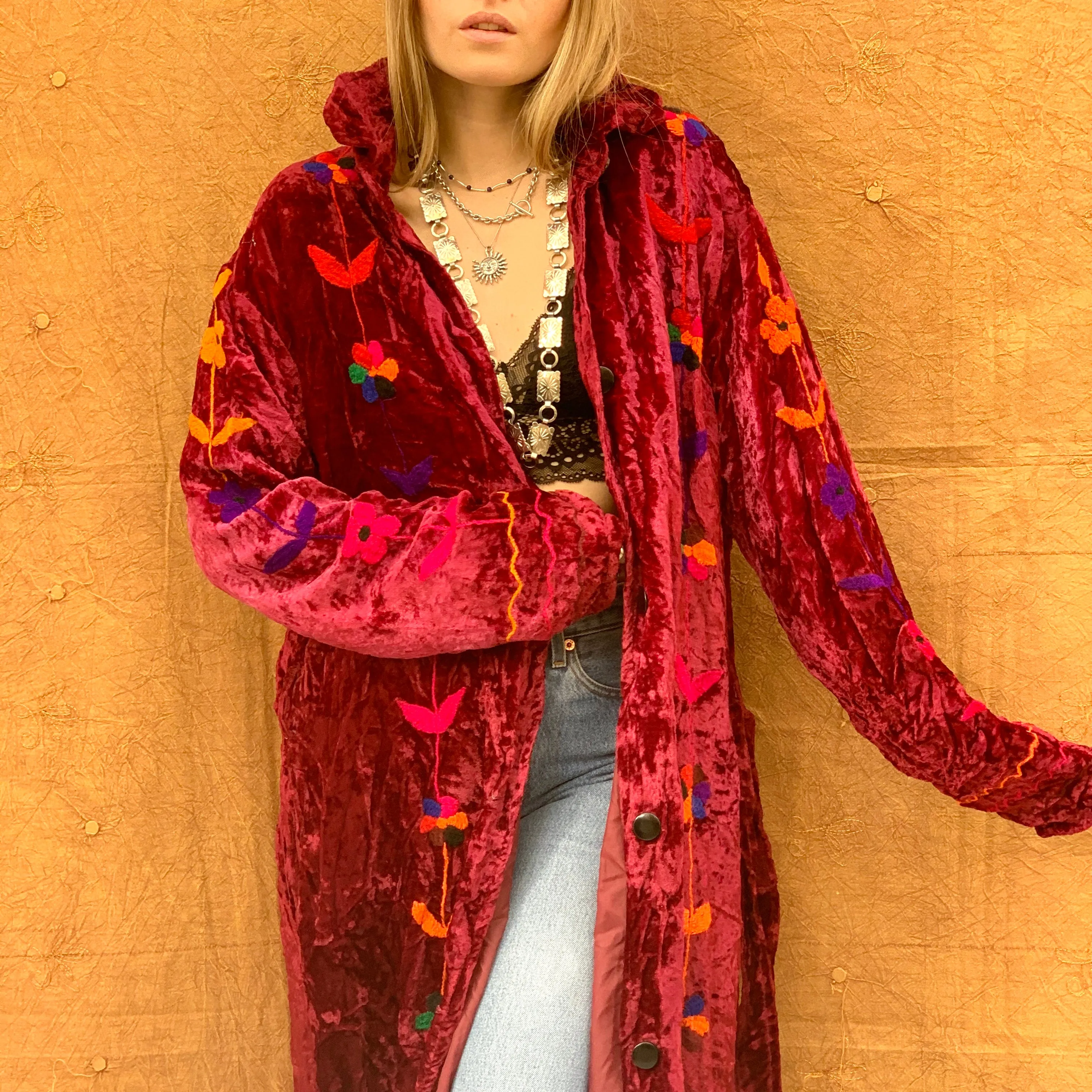 Crushed Velvet Floral Robe Coat