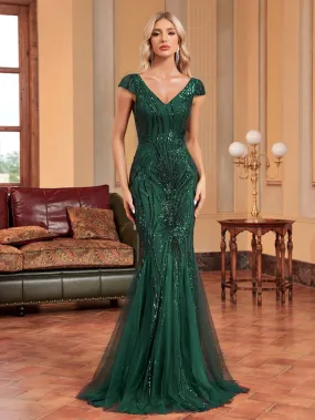 Elegant Green Beaded Long Fishtail Evening Dress