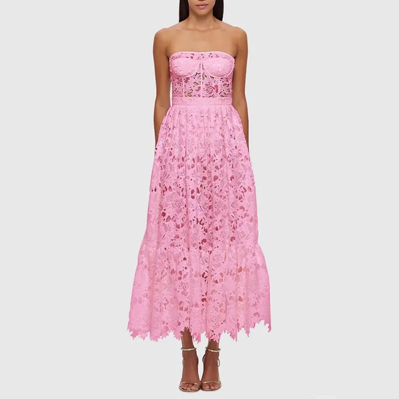 Elegant Tube Top Embroidered Crocheted Dress