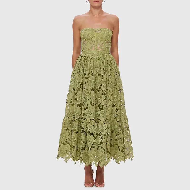 Elegant Tube Top Embroidered Crocheted Dress