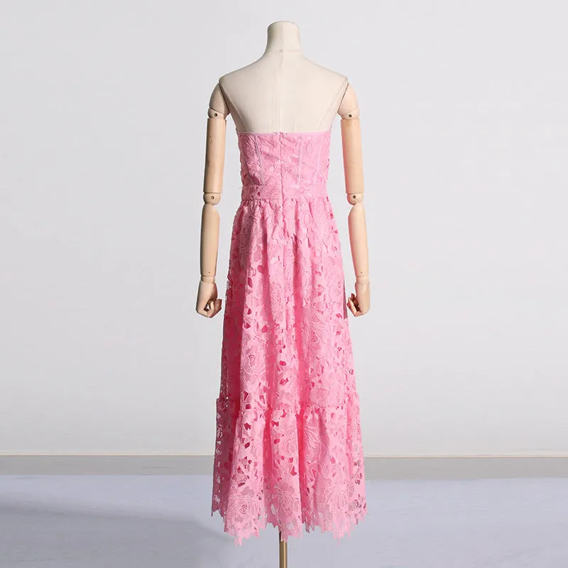 Elegant Tube Top Embroidered Crocheted Dress