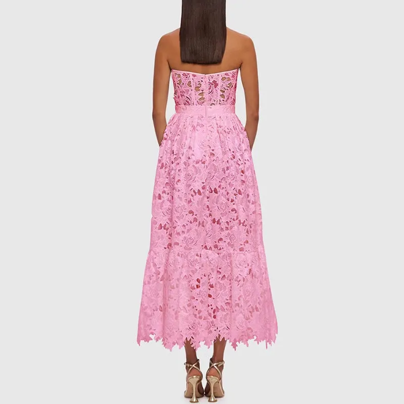 Elegant Tube Top Embroidered Crocheted Dress