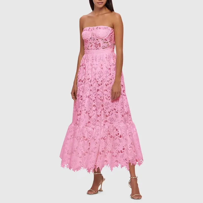 Elegant Tube Top Embroidered Crocheted Dress