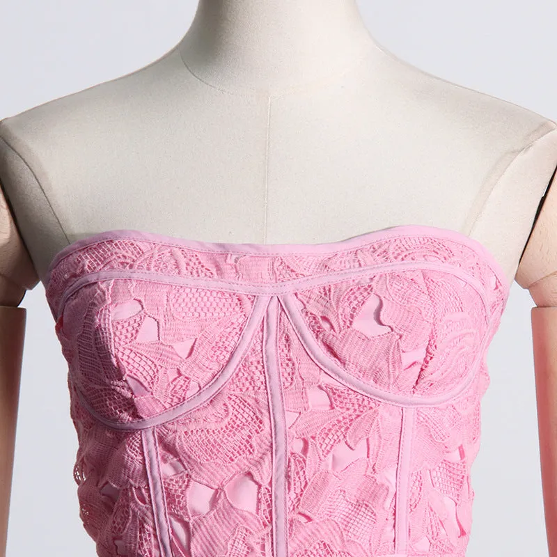 Elegant Tube Top Embroidered Crocheted Dress