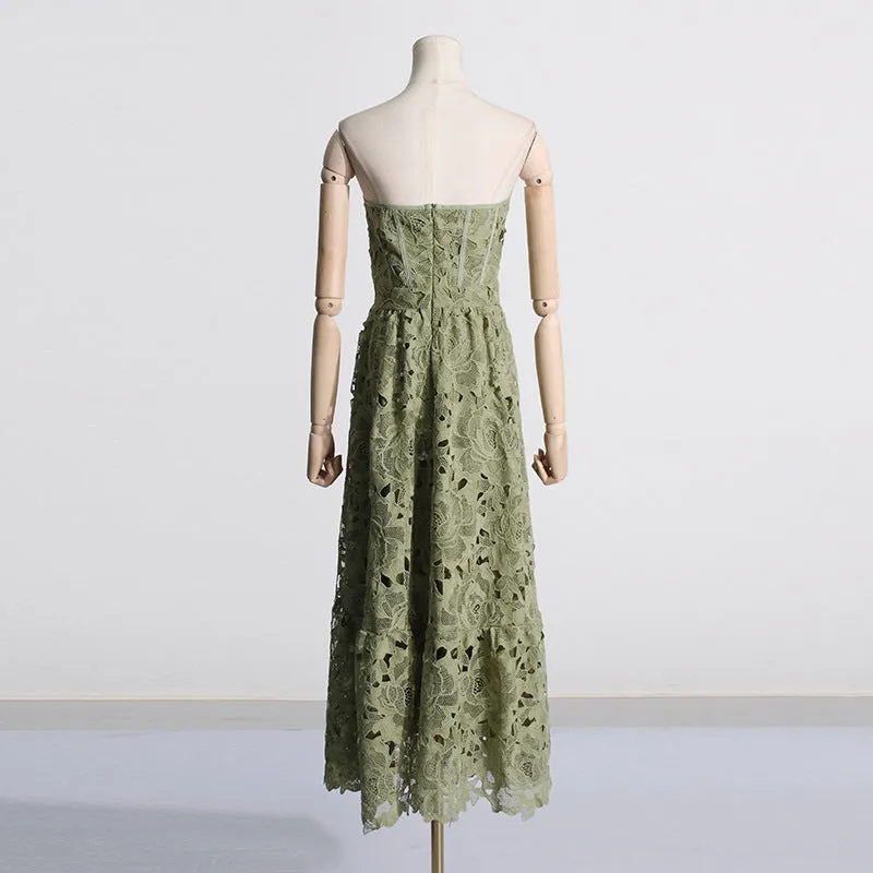 Elegant Tube Top Embroidered Crocheted Dress