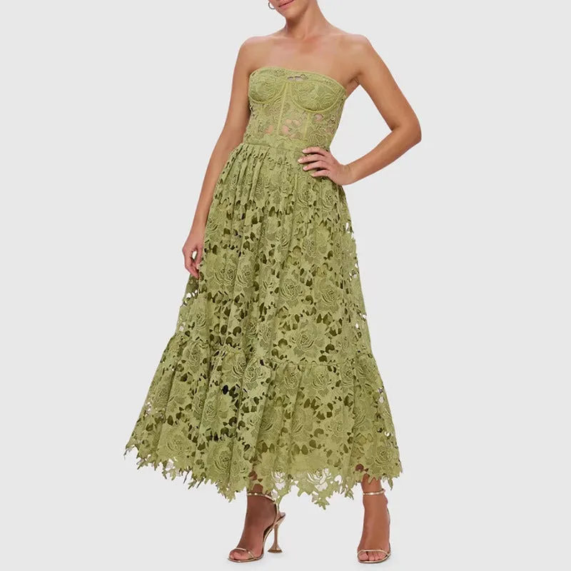 Elegant Tube Top Embroidered Crocheted Dress