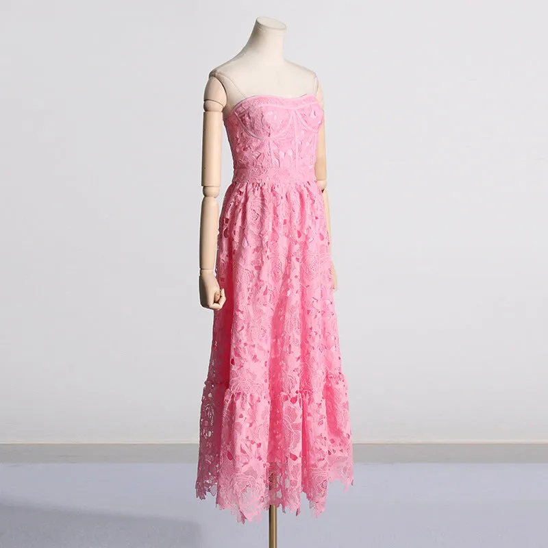 Elegant Tube Top Embroidered Crocheted Dress