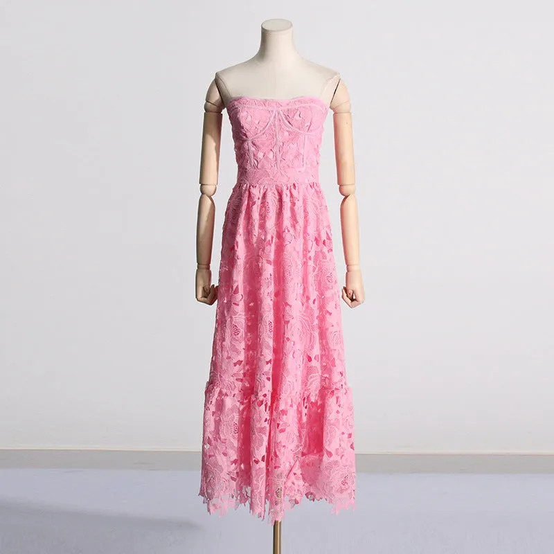 Elegant Tube Top Embroidered Crocheted Dress