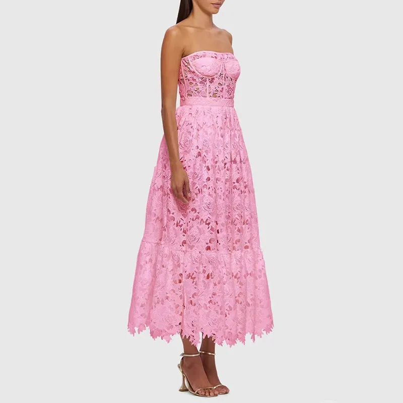 Elegant Tube Top Embroidered Crocheted Dress