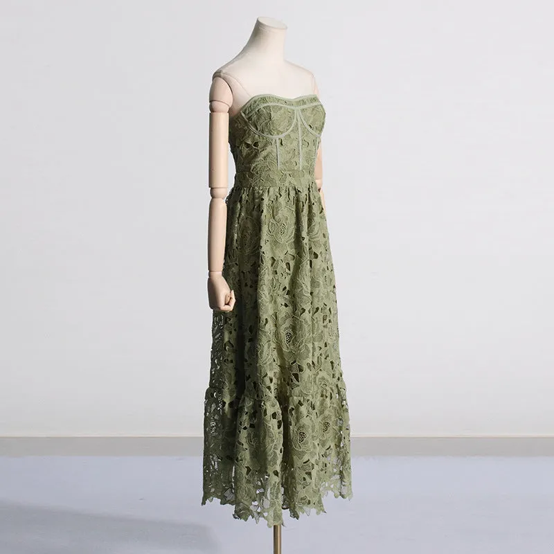 Elegant Tube Top Embroidered Crocheted Dress