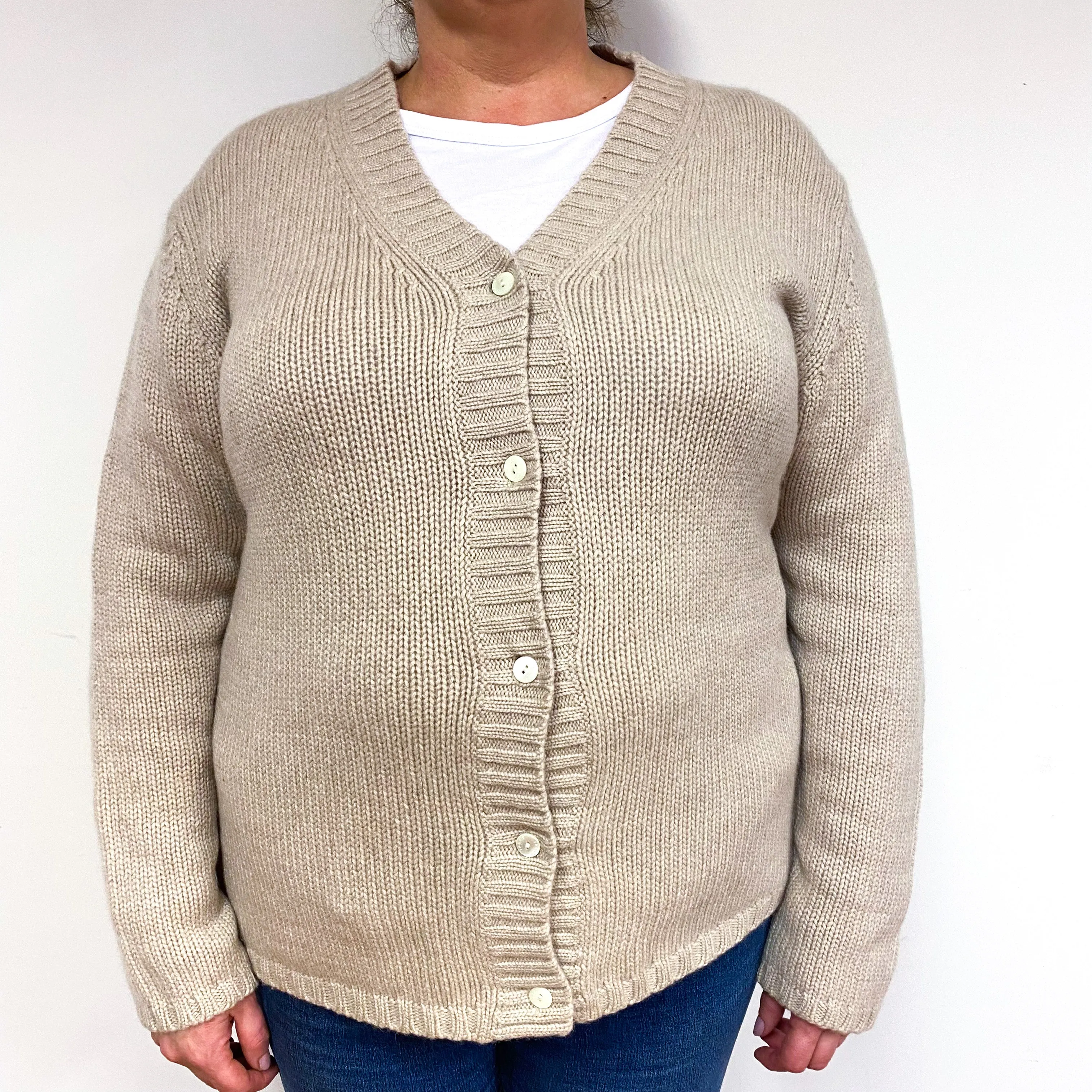 Fawn Beige Chunky Cashmere V-Neck Cardigan Extra Large