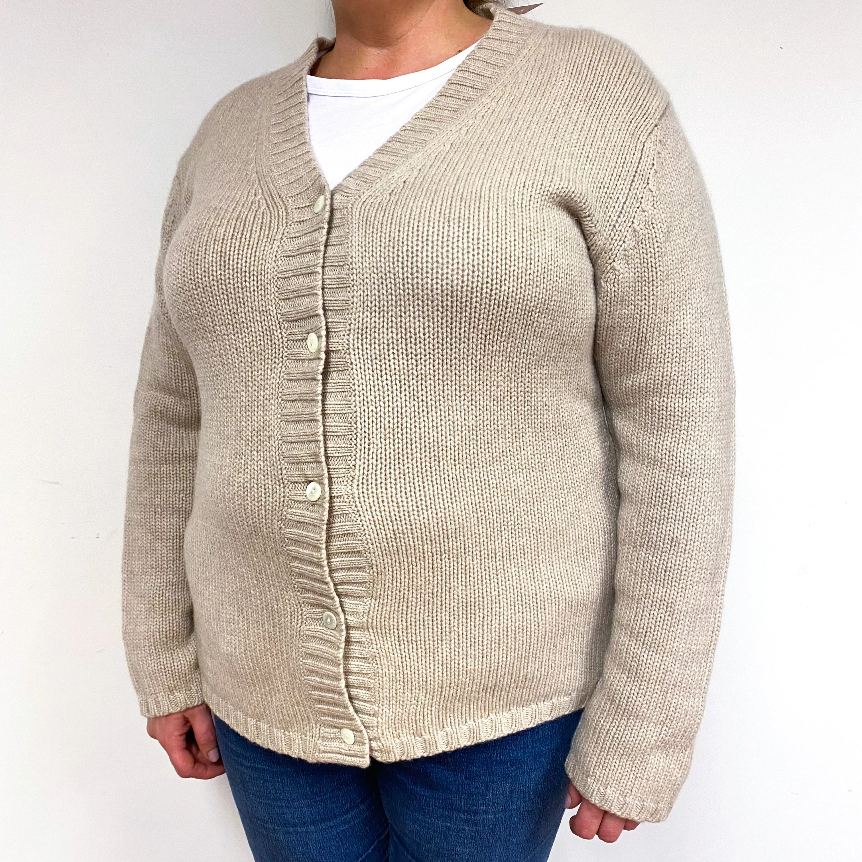 Fawn Beige Chunky Cashmere V-Neck Cardigan Extra Large