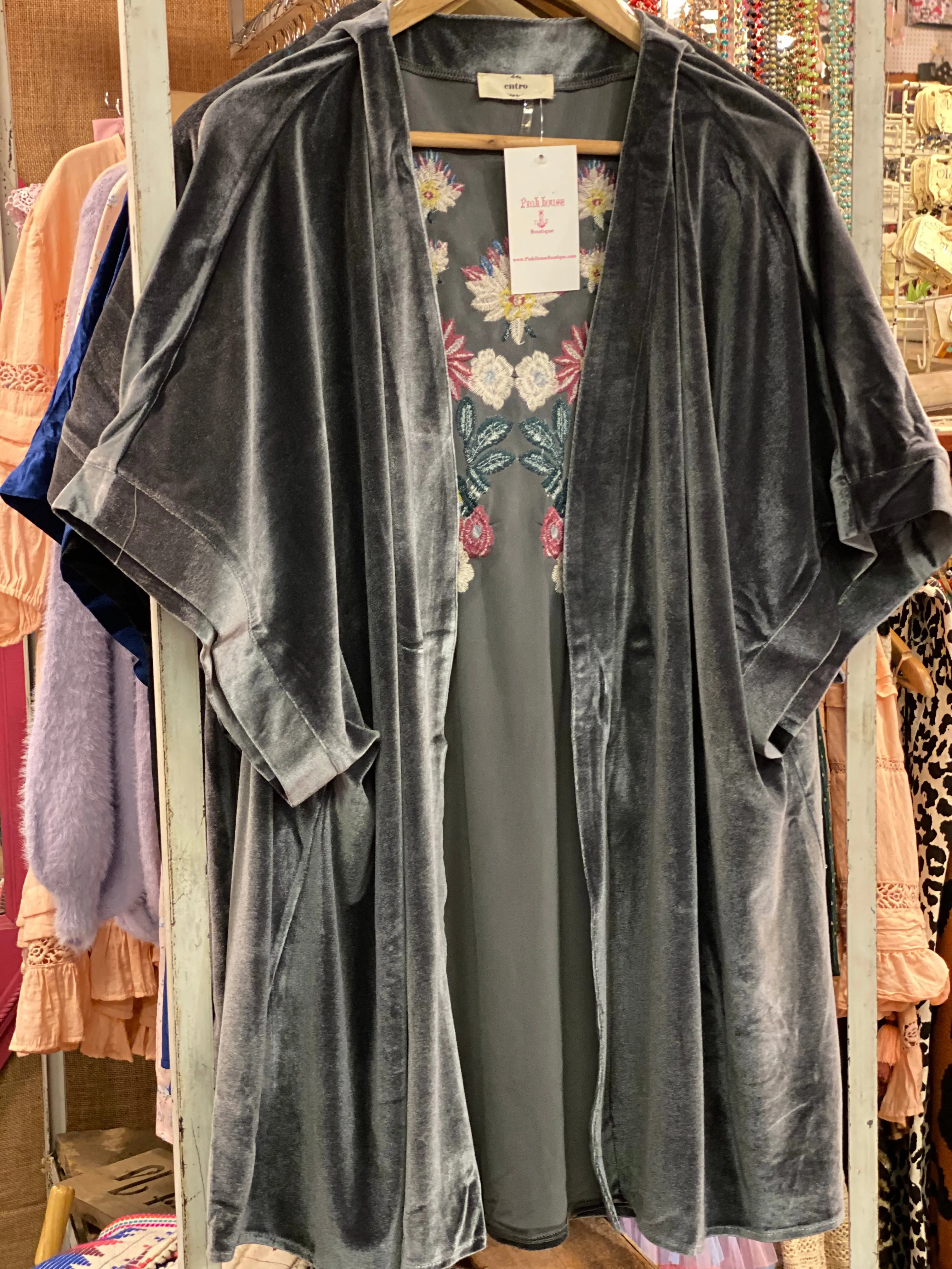 Gray Velvet Floral Embroidered Kimono