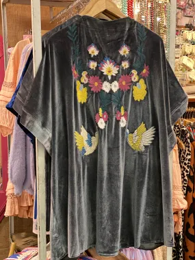 Gray Velvet Floral Embroidered Kimono