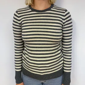 Grey Cream Stripe Cashmere Crew Neck Jumper Small