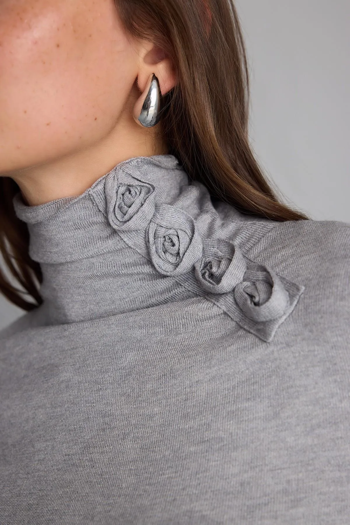 Half Turtleneck Gray  Knitwear Sweater with Rose Detail