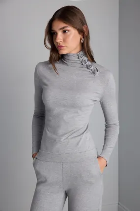 Half Turtleneck Gray  Knitwear Sweater with Rose Detail