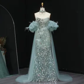 HELEN Luxury Aqua Green Evening Gown with Feathered Cape Sleeves