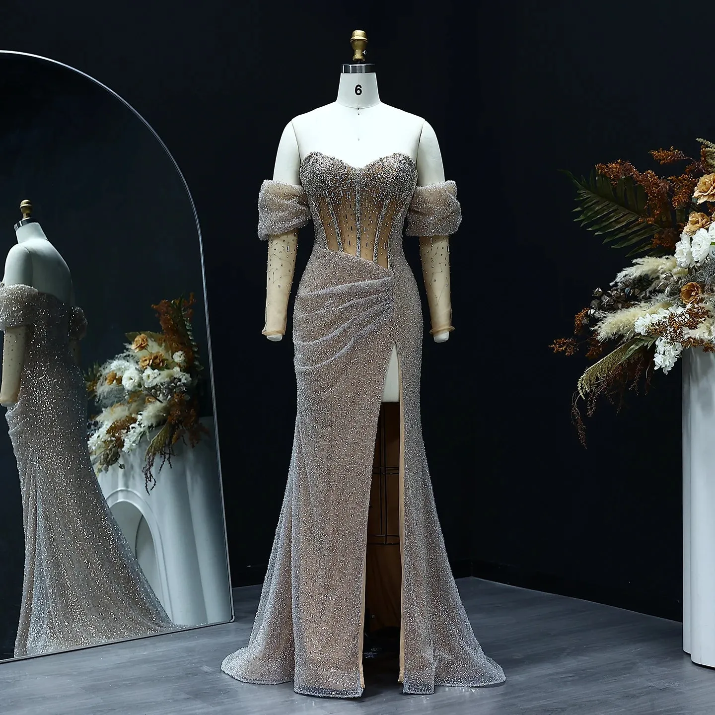 HELEN Luxury Beaded Crystal Evening Dress with Slit