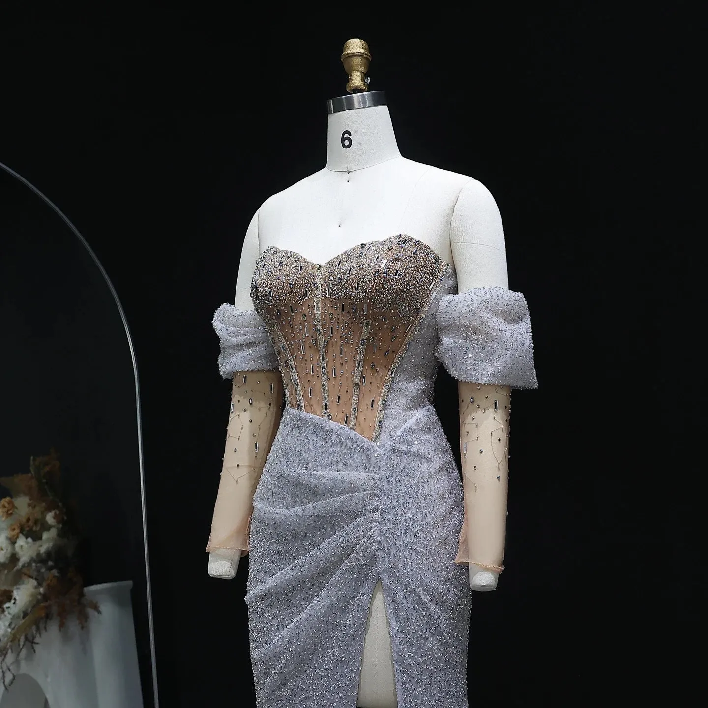 HELEN Luxury Beaded Crystal Evening Dress with Slit