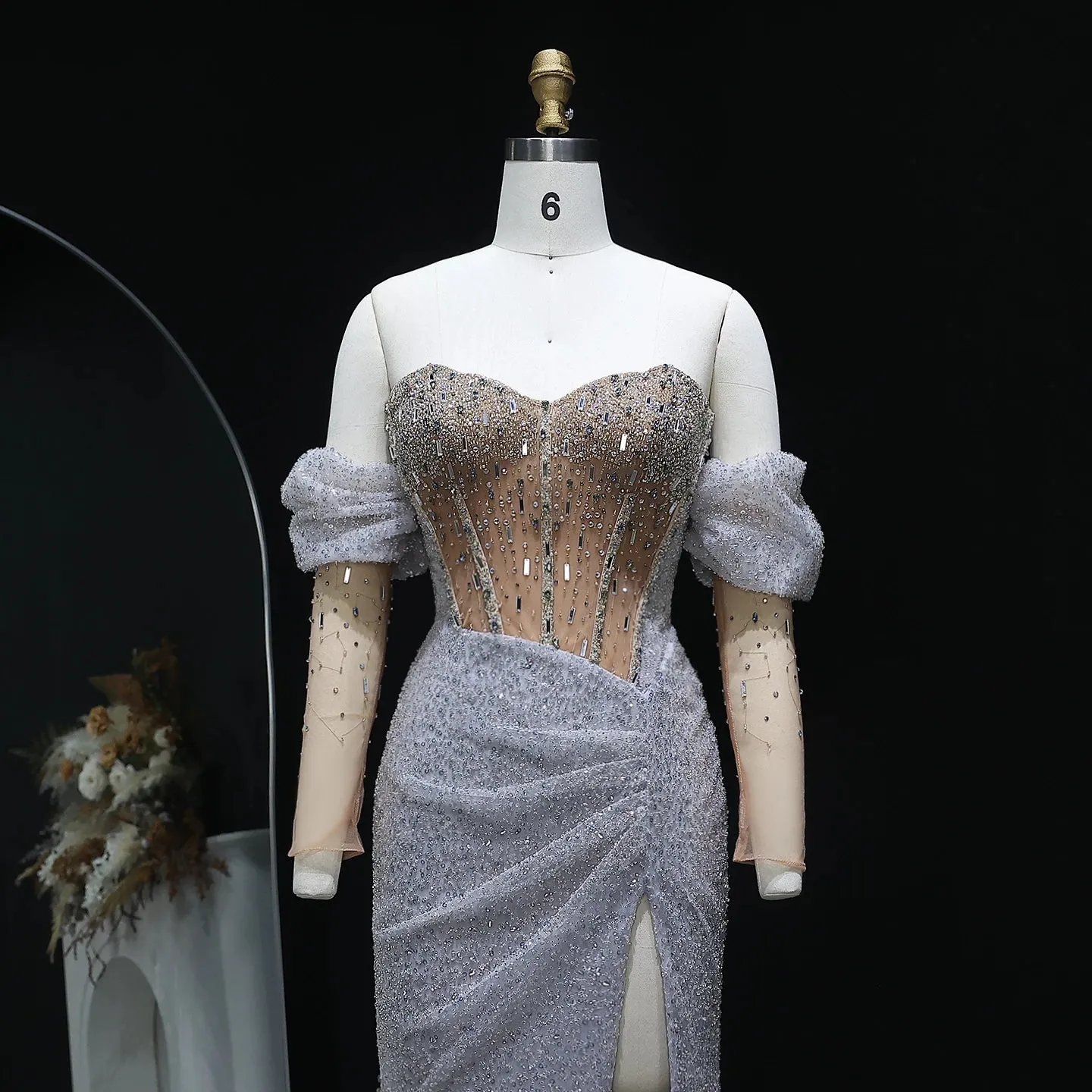 HELEN Luxury Beaded Crystal Evening Dress with Slit
