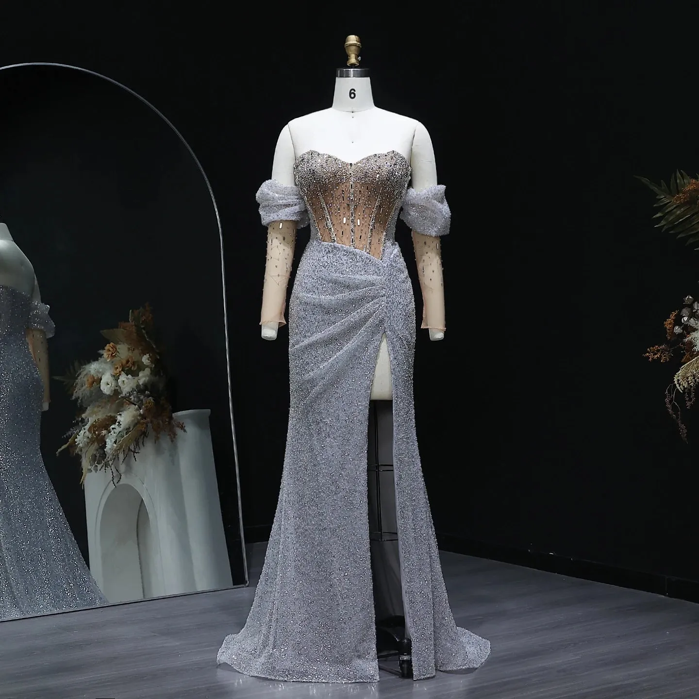 HELEN Luxury Beaded Crystal Evening Dress with Slit