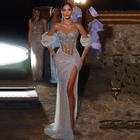 HELEN Luxury Beaded Crystal Evening Dress with Slit