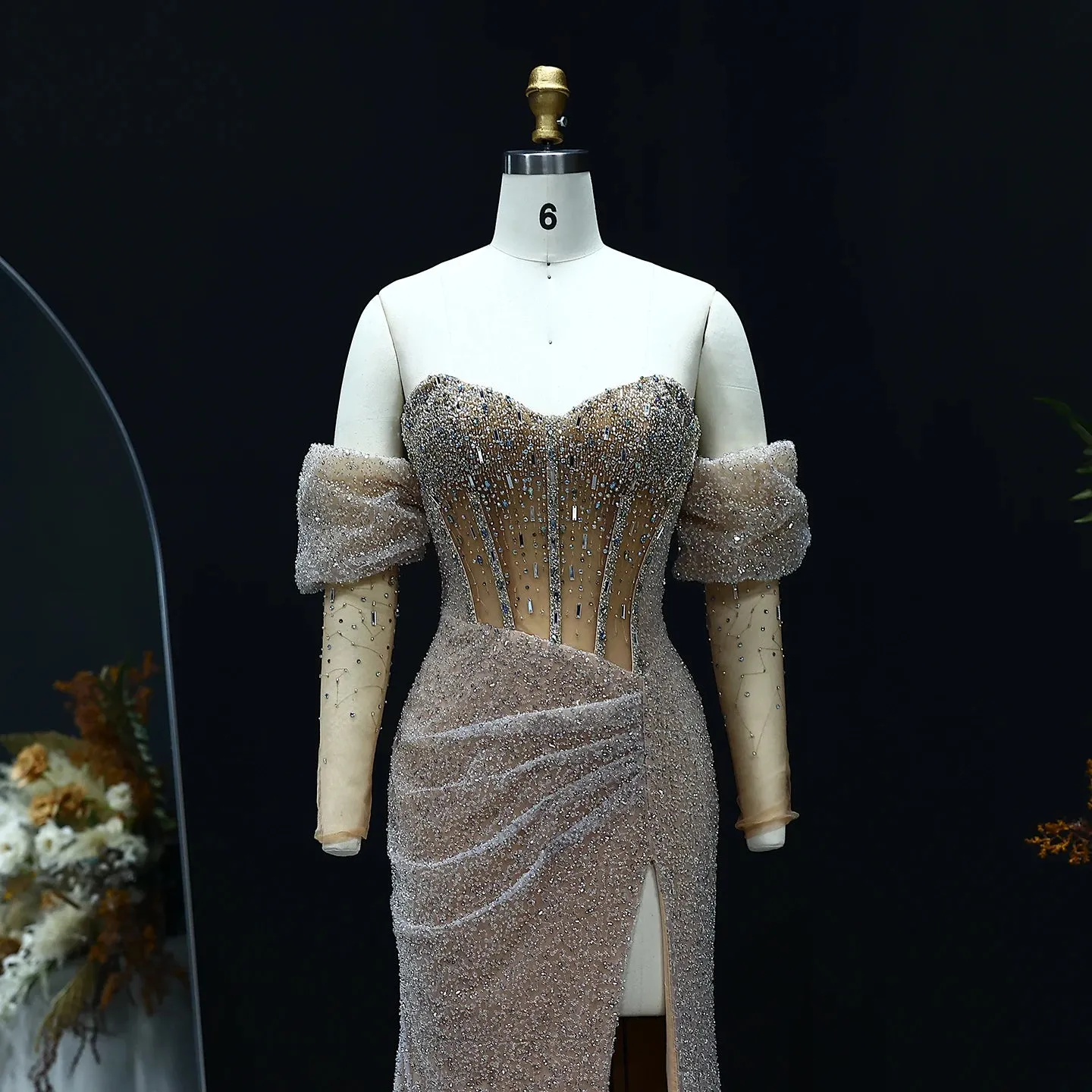 HELEN Luxury Beaded Crystal Evening Dress with Slit