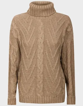 Ladies Beige Cable Knit Roll Neck Chunky Knit Soft Rib Longsleeve Jumper