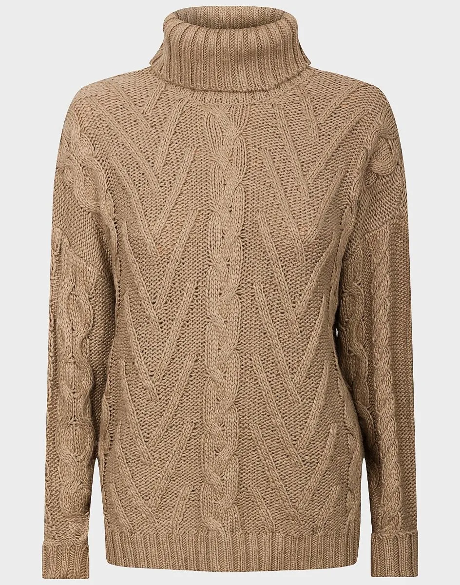 Ladies Beige Cable Knit Roll Neck Chunky Knit Soft Rib Longsleeve Jumper