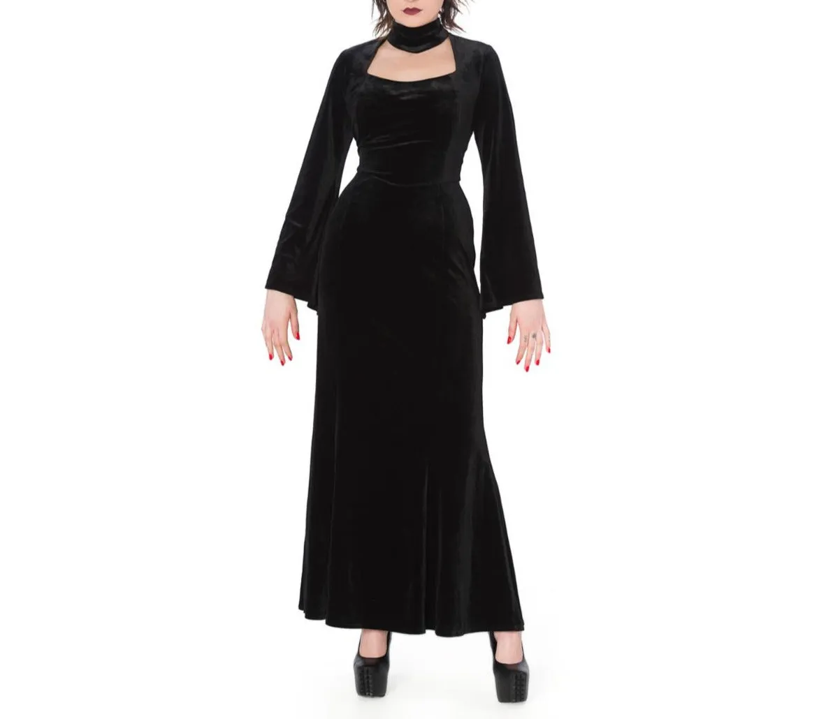 Lily Black Velvet Maxi Dress with Bell Sleeve and Peekaboo Window