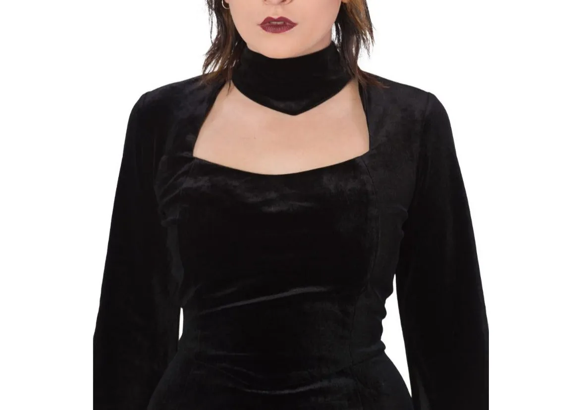 Lily Black Velvet Maxi Dress with Bell Sleeve and Peekaboo Window
