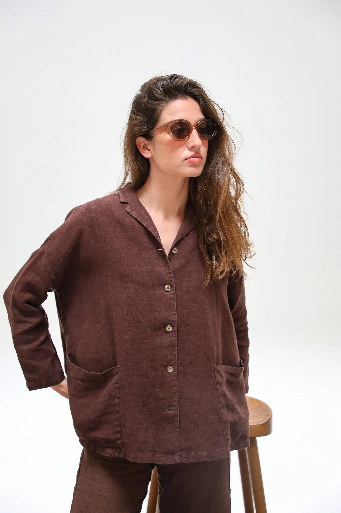 Linen Open Back Jacket Brown