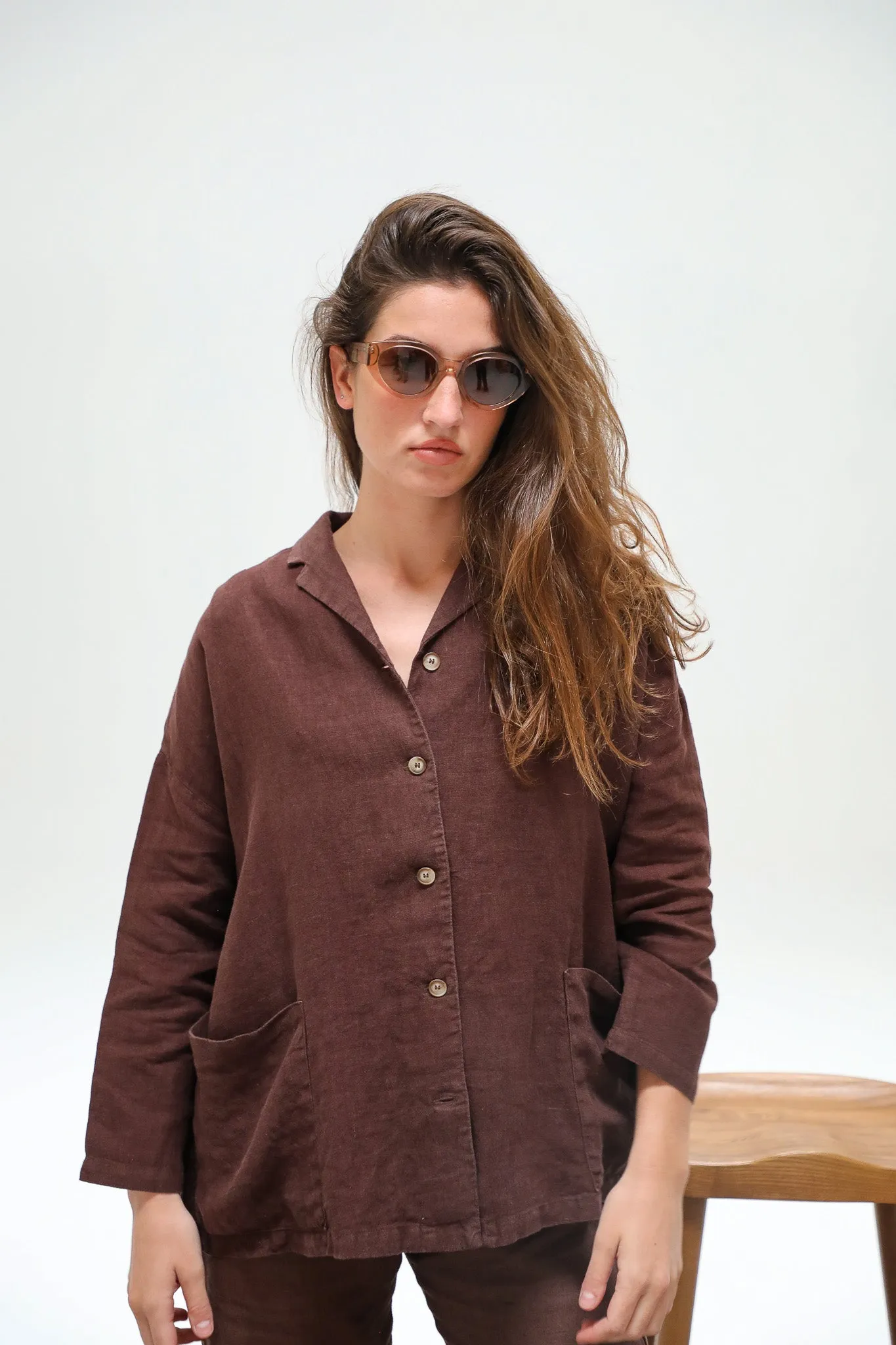 Linen Open Back Jacket Brown