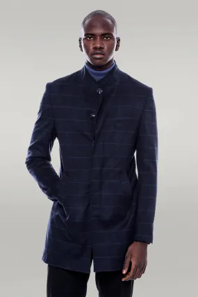 Mandarin Collar Navy Checked Coat - Wessi