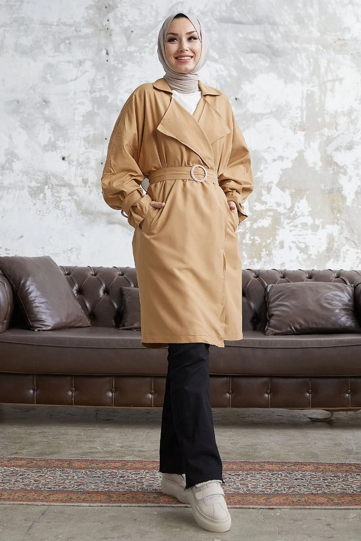 MDS Women Double-Breasted Ring Detail Slouchy Trench Coat - Beige - Brasschaat